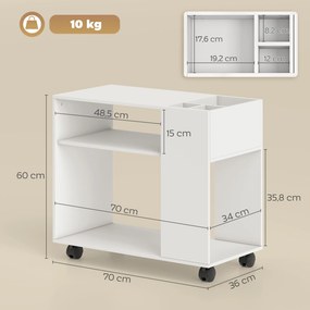 Mesa escritorio impressora com Rodas Compartimentos Superiores e Prateleiras Abertas 70x36x60 cm Branco
