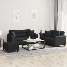 3 pcs conjunto de sofás com almofadas couro artificial preto