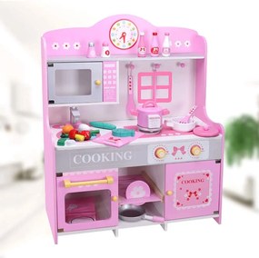 Cozinha de brincar infantil de madeira rosa