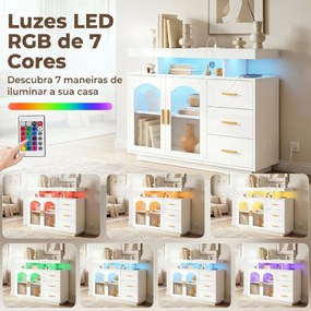 Aparador com LED RGB de 7 Cores, Tomadas, Portas USB, 3 Gavetas, Prateleiras Abertas, 2 Portas, Branco Brilhante, 100x35x80 cm