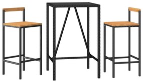 3 pcs conjunto de bar p/ jardim vime PE/acácia maciça preto