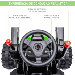 Trator Escavadora Elétrica para Crianças acima de 3 Anos Veículo Infantil com Pá Bateria 6V Música e Luzes 132x62x65 cm Preto e Verde