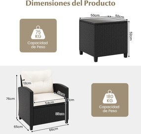 Conjunto de móveis de jardim de 3 peças de rattan com almofadas de assento e encosto e Mesa de centro de vidro temperado branco / preto