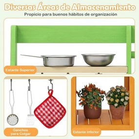 Cozinha para crianças ao ar livre 72 × 38 × 92 cm com fogões realistas, torneira, lava-louça, forno e acessórios de cozinha verde e amarelo