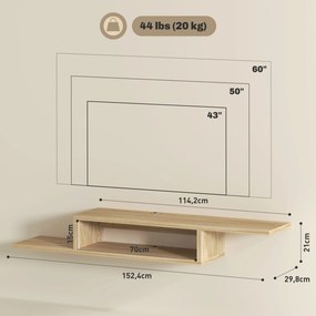 Móvel de TV de Parede Flutuante, 152 x 29 x 21 cm, Com 2 Passa-Fios, cor Carvalho Claro