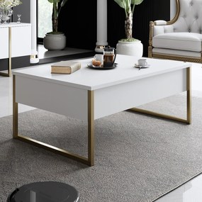 Mesa de Centro "Madrid" – Branco e Dourado - 90x60x40 cm – Design Mode