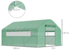 Estufa tipo Túnel 4x3x2 m Estufa de Exterior com 2 Janelas Cobertura PE Anti UV e 1 Porta de Enrolar com Fecho de Correr Estufa para Jardim Pátio Verd