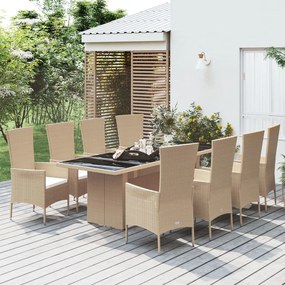 vidaXL 9 pcs conjunto de jantar p/ jardim com almofadões vime PE bege