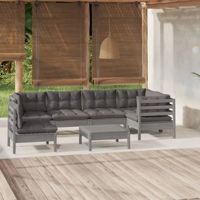 7 pcs conjunto lounge de jardim c/ almofadões pinho cinza