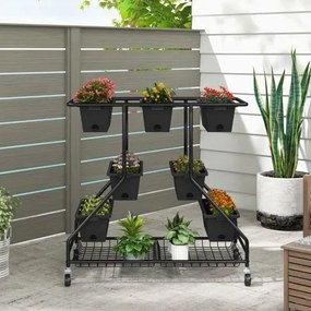 Floreira elevada com rodas 7 caixas de plantação Cestos de arrumação 100 x 56 x 99 cm Preto