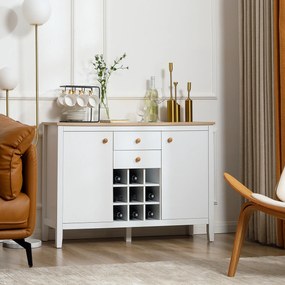 HOMCOM Aparador de Cozinha Moderno com 2 Gavetas 2 Armários com Prateleiras Ajustáveis e Suporte para 9 Garrafas Móvel Auxiliar de Armazenamento para Sala de Jantar Sala de Estar 110x35x75cm Branco