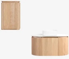 Conjunto De Móvel De Casa De Banho Suspenso 90x50 Cm Em Madeira Carsone Madeira Natural & Madeira Natural & Cerâmica Redonda Riscas - Sklum