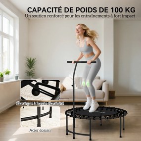 Trampolim de fitness com cordas elásticas, pega ajustável em 5 posições, capacidade de 100 kg, aço, Ø102x132 cm, preto