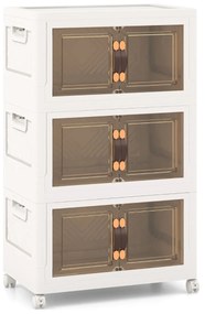 Conjunto de 3 caixas arrumação empilháveis com portas de rodas com fecho e tampas dobráveis em PP para o quarto 49,5 x 31,5 x 86 cm  Branco