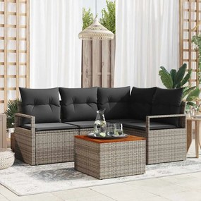Conjunto de Sofá para Jardim vidaXL de 5 Peças com Almofadas Cinza Vime Sintético Acácia