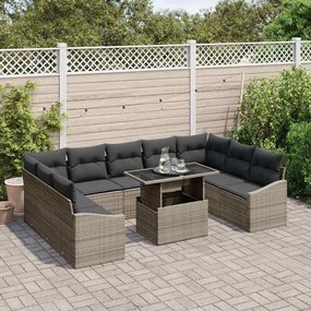 Conjunto de Sofá de Jardim de 10 peças com Almofadas Cinza Ratã Poli
