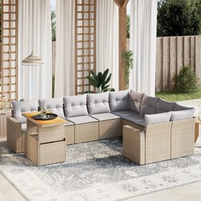 10 pcs conjunto de sofás p/ jardim com almofadões vime PE bege