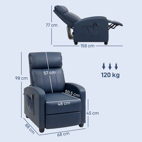 Poltrona de Massagem Reclinável com 2 Zonas de Massagem 8 Programas e 5 Níveis de Intensidade 68x88x98 cm Azul Escuro
