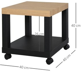 Mesa de apoio para sofá com prateleira aberta Rodas Freios 40x40x40 Preto e Natural