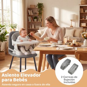 Cadeira de refeição evolutiva 9 em 1 com tabuleiro removível e lavável na máquina de lavar louça, pernas em madeira maciça, cinto de 5 pontos e almofa