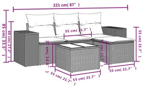 5 pcs conjunto sofás p/ jardim c/ almofadões vime PE castanho