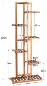 Floreira Suporte para plantas de madeira 6 níveis Suporte para 7 vasos Flores Expositor Suculento para Sala de Estar 50 x 21 x 124 cm Castanho