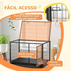 Gaiola para Cães com Parte Superior Rebatível Suporte de Tigelas Bandeja Amovível Rodas e Porta Dupla 109x72x79 cm Preto