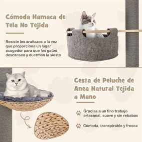 Torre arranhador de madeira para gatos de 5 níveis 236-271 cm com rede aconchegante Cesto Cama Cinzento