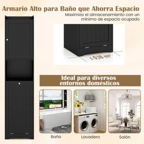 Armário de casa de banho com arrumação 40 x 40 x 170 cm prateleira ajustável, saco de roupa suja com alças longas e curtas preto