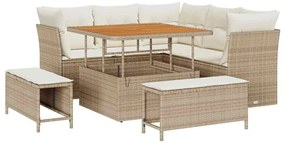 Conjunto de Sofá de Jardim 8 Peças com Almofadas Beiges em Rattan Poli