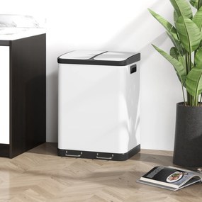 Caixote do lixo de cozinha 2 x 30 L com pedal em aço inoxidável, 2 compartimentos, tampa com fecho suave, 60 L, branco