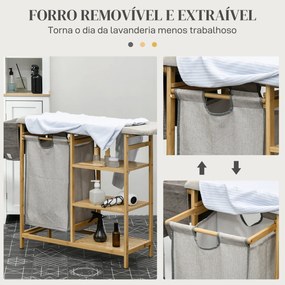 Cesto de Roupa Suja 57,4 L com Tábua de Passar Suporte para Ferro 3 Prateleiras e Bolsa Removível 113x34x82 cm Madeira e Cinza