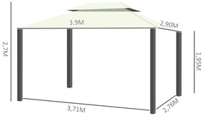 Outsunny Pérgola de Jardim 4x3m Pérgola de Alumínio com Teto com Ventilação 4 Cortinas Laterais 4 Telas Mosquiteiras e 8 Orifícios de Drenagem para festas Eventos Exterior Creme