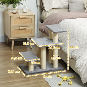 Escada ajustável para animais de estimação com 3 degraus, escada para gatos e cães, com arranhadores de sisal e bola, 52 x 34,5 x 54 cm, cinzenta