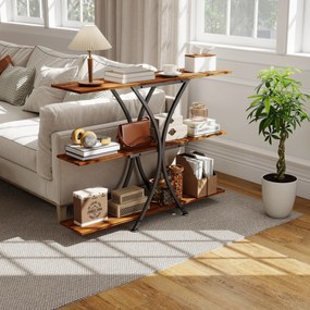 Mesa Consola de 3 Níveis Estilo Industrial com 2 Prateleiras Abertas e Estrutura Metálica em X Consola Estreita 110x30x91 cm Castanho Rústico