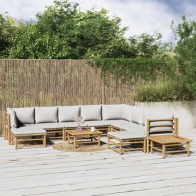 12pcs conj. lounge de jardim bambu c/ almofadões cinzento-claro