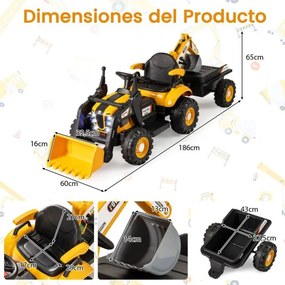 Trator elétrico 4 em 1 para crianças 12V com controle remoto, pá, reboque removível e luzes LED para crianças de 3 a 8 anos, 185 x 58 x 65 cm, amarelo