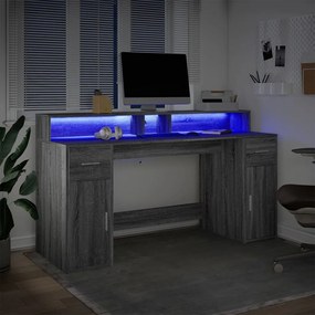 Secretária luzes LED 160x55x91cm deriv. madeira cinzento sonoma