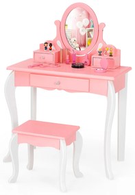 Conjunto de Toucador e Banco para Crianças Mesa de Maquilhagem para Princesas para Meninas com Espelho Rotativo 360° Removível 3 Gavetas Rosa e Branco