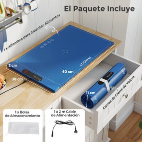 Bandeja elétrica aquecedora 60 x 38 x 2 cm com temperatura ajustável em 6 níveis Bandeja aquecedora de silicone com temporizador de 1 a 5 horas Azul