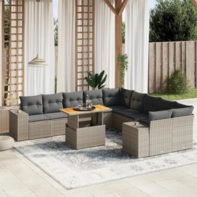 11 pcs conjunto sofás de jardim c/ almofadões vime PE cinzento