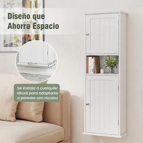 Armário de Parede para Casa de Banho, 40 x 20 x 120 cm, Prateleiras Ajustáveis, Branco