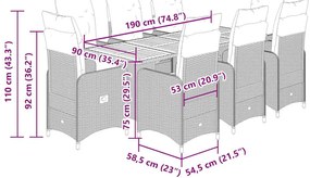 9 pcs conjunto bistrô de jardim c/ almofadões vime PE cinzento