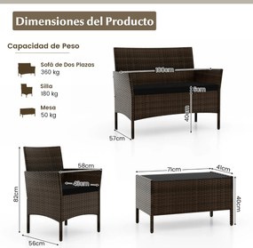 Conjunto de jardim, 4 peças: mobiliário de exterior com cadeira, sofá de 2 lugares e mesa de vidro temperado Castanho misto e almofadas pretas