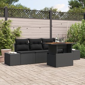 Conjunto de Sofás de Jardim de 5 peças com Almofadas Preto Rattan Poli