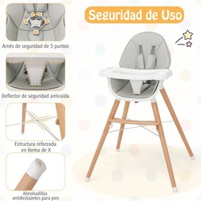 Cadeira refeição alta para bebe com bandeja Almofada de assento removível Arnês de 5 pontos 66 x 63 x 100 cm Cinzento