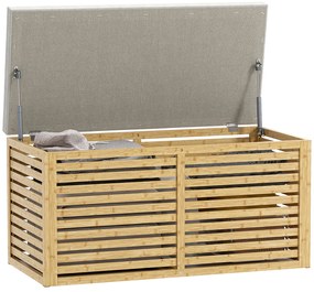 HOMCOM Baú de Arrumação para Dormitório 122L Estofado em Linho Sintético com Almofada Estrutura de Bambu 90x42x43 cm Cinza e Madeira | Aosom Portugal
