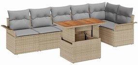 Conjunto de Jantar de Jardim 7 Peças com Almofadas Beje em Rattan e Po