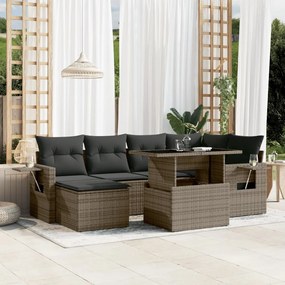 7 pcs conjunto sofás p/ jardim c/ almofadões vime PE cinzento