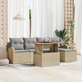 vidaXL Conjunto de Jantar de Jardim de 6 Peças com Almofadas Bege Rattan Acácia